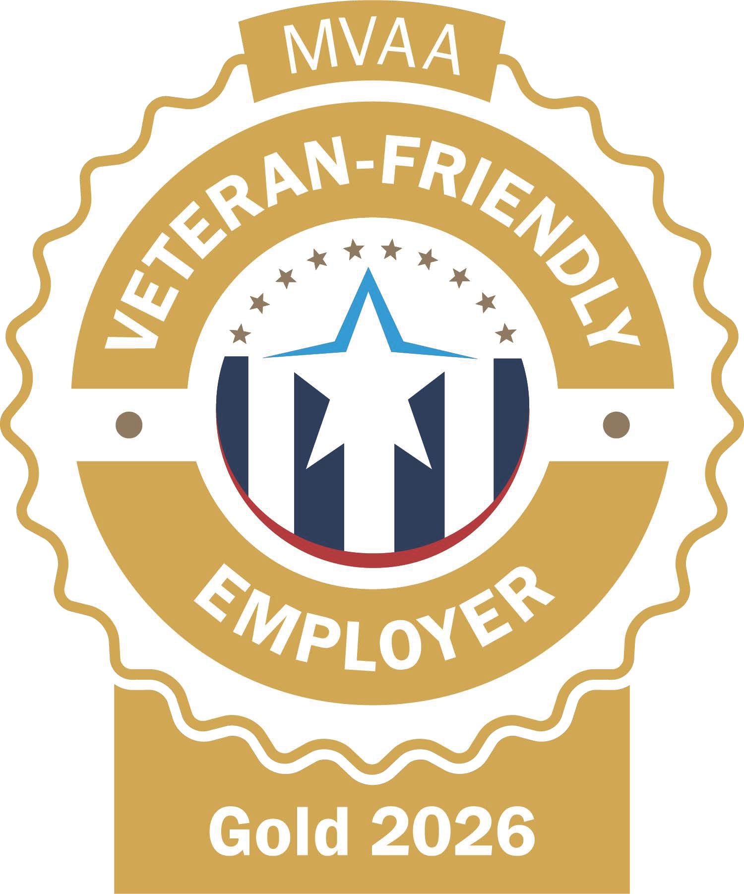 Gold circle badge logo with rising star in front of stripes in the middle with text Michigan Veteran’s Affairs Agency 2026 Veteran Friendly Employer.